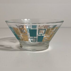 VTG Anchor Hocking MCM Bowl 5 1/4” Geometric Turquoise Gold READ